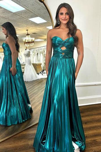 Metallic Purple A-Line Strapless Ruched Long Prom Dress with Slit