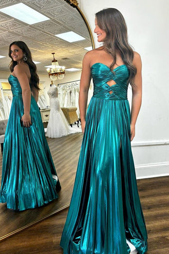 Metallic Purple A-Line Strapless Ruched Long Prom Dress with Slit