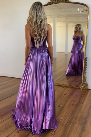 Metallic Purple A-Line Strapless Ruched Long Prom Dress with Slit