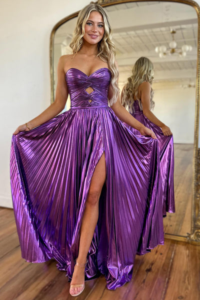 Metallic Purple A-Line Strapless Ruched Long Prom Dress with Slit