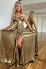 Load image into Gallery viewer, Metallic Silver A-Line Strapless Corset Ruched Long Prom Dress with Slit