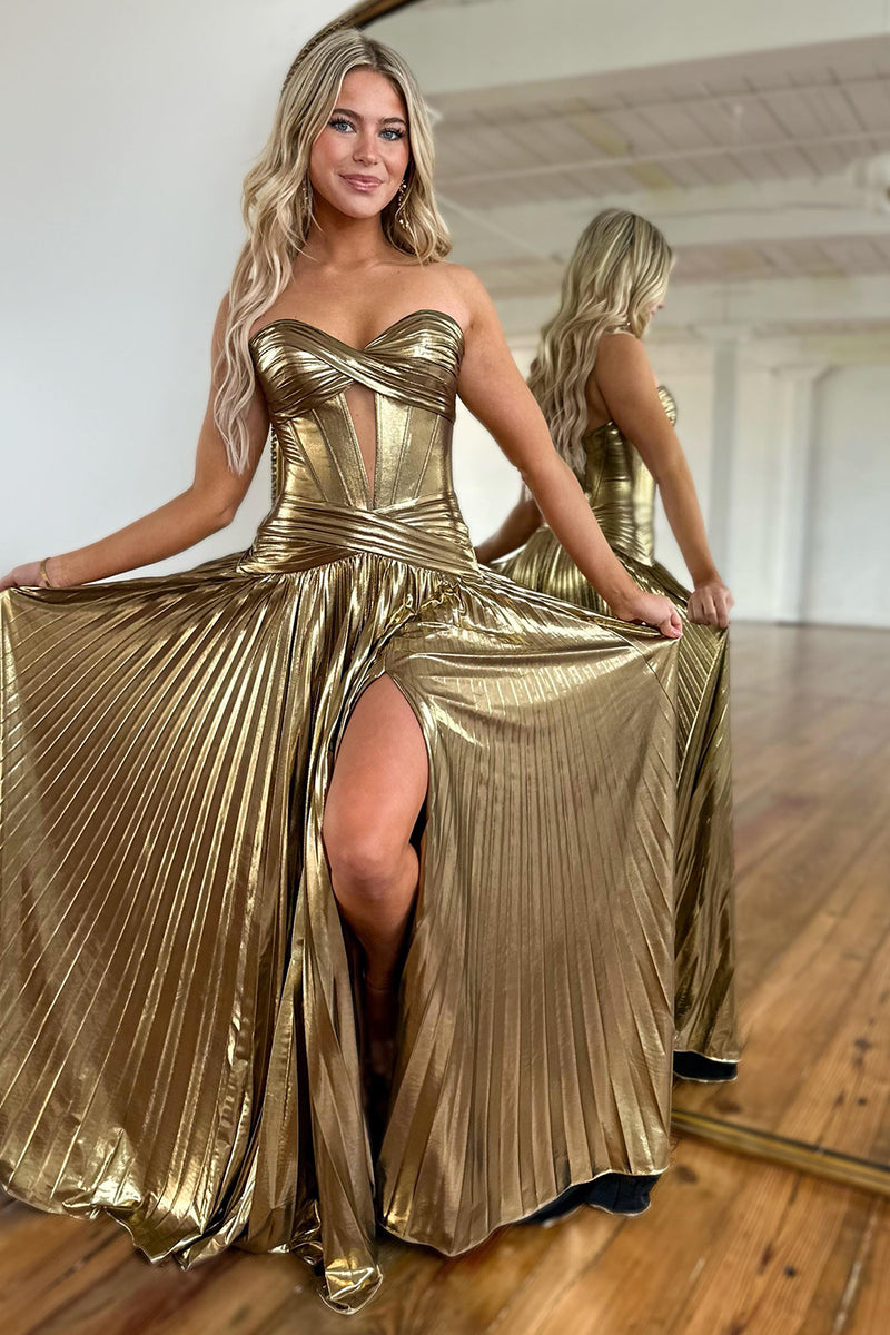 Load image into Gallery viewer, Metallic Silver A-Line Strapless Corset Ruched Long Prom Dress with Slit