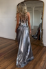 Load image into Gallery viewer, Metallic Silver A-Line Strapless Corset Ruched Long Prom Dress with Slit