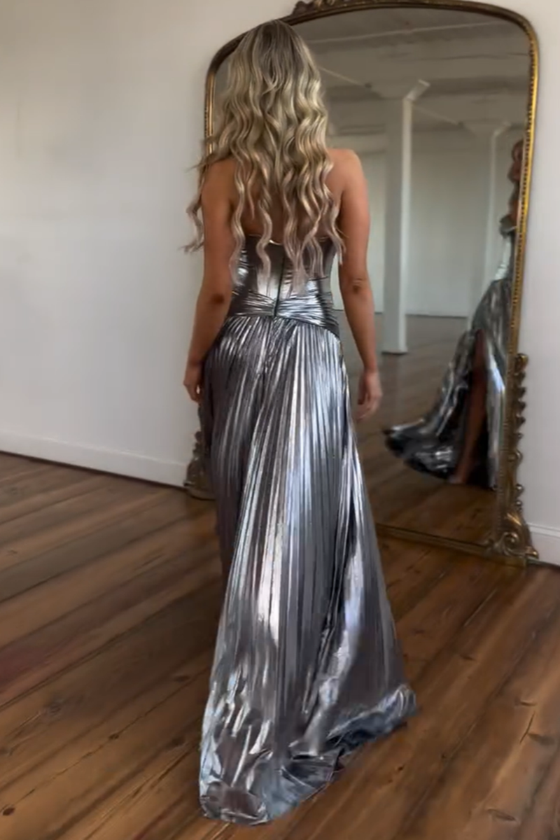 Load image into Gallery viewer, Metallic Silver A-Line Strapless Corset Ruched Long Prom Dress with Slit