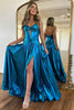 Load image into Gallery viewer, Metallic Silver A-Line Strapless Corset Ruched Long Prom Dress with Slit