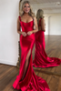 Load image into Gallery viewer, Red Mermaid Flower Straps Satin Long Prom Dress with Slit