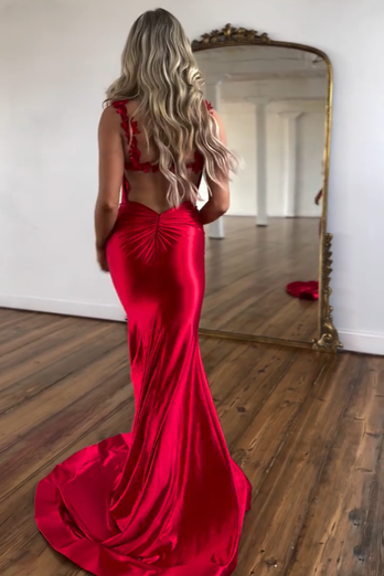 Red Mermaid Flower Straps Satin Long Prom Dress with Slit