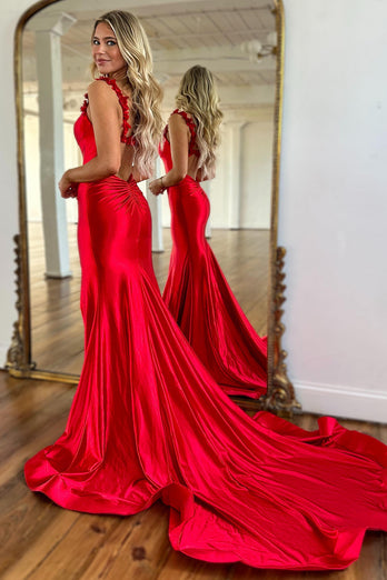 Red Mermaid Flower Straps Satin Long Prom Dress with Slit