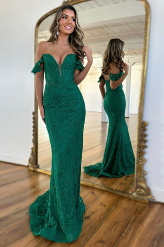 Sparkly Dark Green Mermaid Off the Shoulder Corset Lace Long Prom Dress