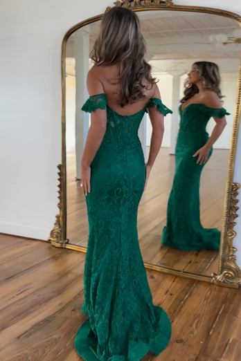 Sparkly Dark Green Mermaid Off the Shoulder Corset Lace Long Prom Dress