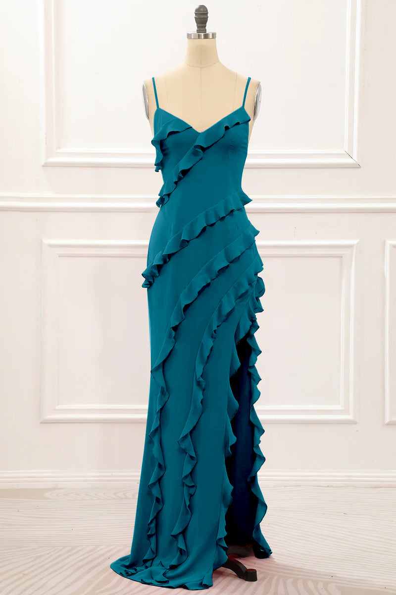 Load image into Gallery viewer, Royal Blue Backless Spaghetti Straps Prom Dress With Slit