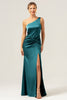 Load image into Gallery viewer, Fuchsia Mermaid Ruched Satin Long Bridesmaid Dress with Slit