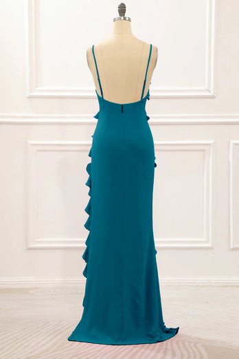 Royal Blue Backless Spaghetti Straps Prom Dress With Slit