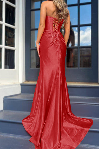 Fuchsia Mermaid Ruched Long Corset Prom Dress with Slit