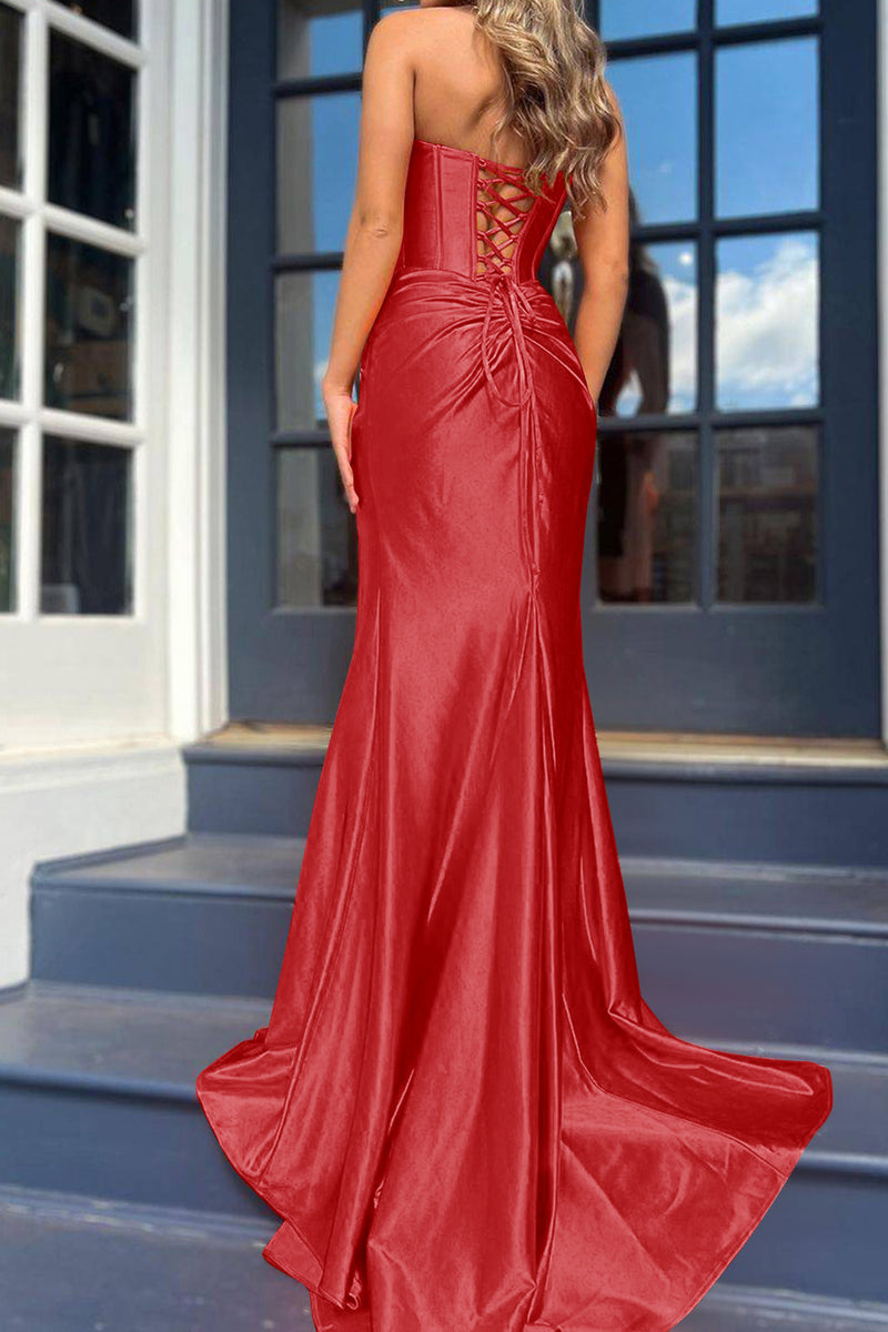 Load image into Gallery viewer, Fuchsia Mermaid Ruched Long Corset Prom Dress with Slit