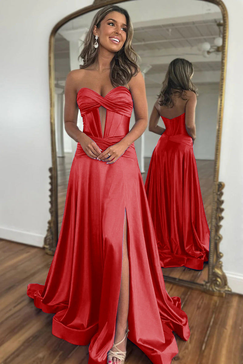 Load image into Gallery viewer, Fuchsia A-Line Corset Satin Long Prom Dress with Slit