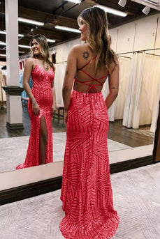 Sparkly Red Open Back Sequins Long Prom Dress with Slit