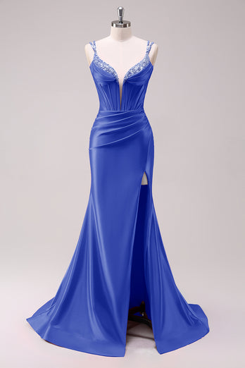 Sparkly Royal Blue Mermaid Beaded Spaghetti Straps Corset Long Prom Dress with Slit