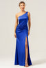 Load image into Gallery viewer, Fuchsia Mermaid Ruched Satin Long Bridesmaid Dress with Slit