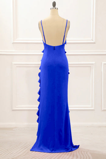 Royal Blue Backless Spaghetti Straps Prom Dress With Slit