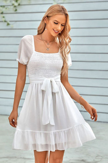 Short Sleeves V-Neck Graduation Dress With Belt