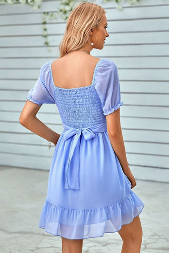 Short Sleeves V-Neck Graduation Dress With Belt