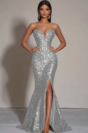 Sparkly Strapless Gold Mermaid Long Sequins Formal Dress with Slit