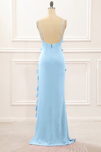 Royal Blue Backless Spaghetti Straps Prom Dress With Slit