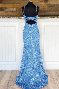 Sheath Spaghetti Straps Sky Blue Sequins Prom Dress with Split Front