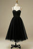 Load image into Gallery viewer, Black A-Line Spaghetti Straps Tulle Tea Length Prom Dress