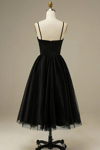 Black A-Line Spaghetti Straps Tulle Tea Length Prom Dress