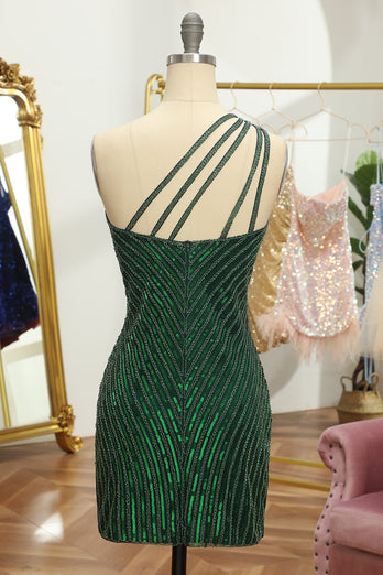 Glitter Dark Green One Shoulder Beaded Tight Party Dress