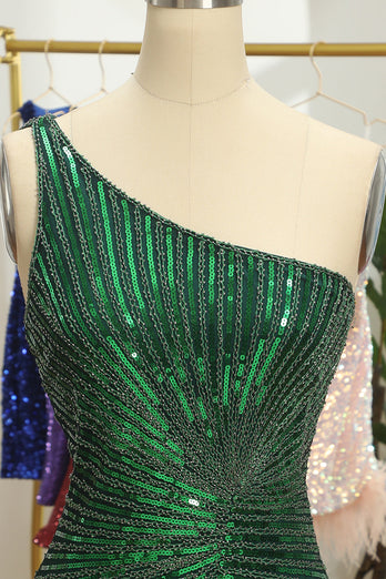 Glitter Dark Green One Shoulder Beaded Tight Party Dress