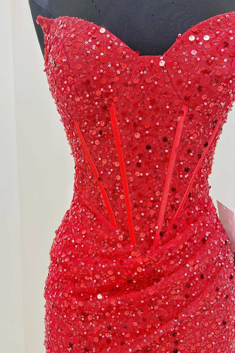 Load image into Gallery viewer, Sparkly Red Sequins Corset Strapless Tight Short Prom Dress