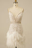 Load image into Gallery viewer, Sparkly White Sequined Appliques Tight Short Prom Dress with Feathers