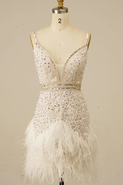 Sparkly White Sequined Appliques Tight Short Prom Dress with Feathers