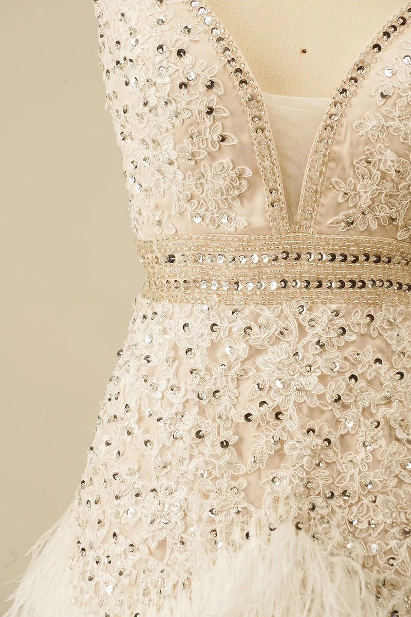 Load image into Gallery viewer, Sparkly White Sequined Appliques Tight Short Prom Dress with Feathers