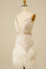 Load image into Gallery viewer, Sparkly White Sequined Appliques Tight Short Prom Dress with Feathers