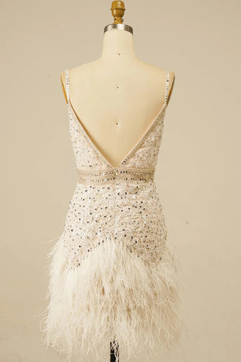 Sparkly White Sequined Appliques Tight Short Prom Dress with Feathers