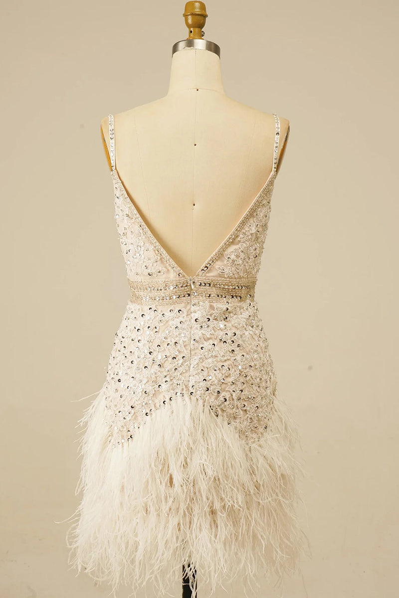 Load image into Gallery viewer, Sparkly White Sequined Appliques Tight Short Prom Dress with Feathers