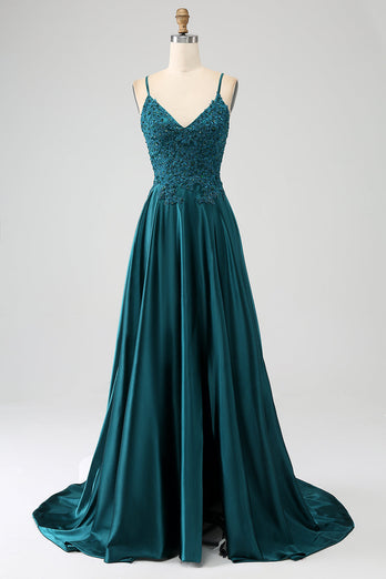 Dark Green Satin A-Line Appliques Prom Dress with Slit