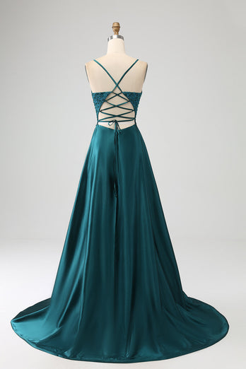 Dark Green Satin A-Line Appliques Prom Dress with Slit