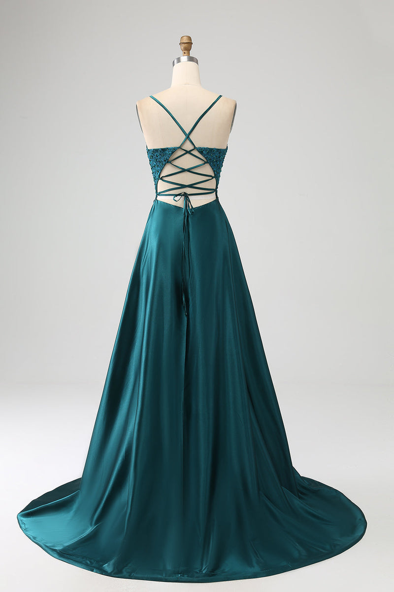 Load image into Gallery viewer, Dark Green Satin A-Line Appliques Prom Dress with Slit