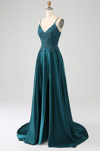 Dark Green Satin A-Line Appliques Prom Dress with Slit