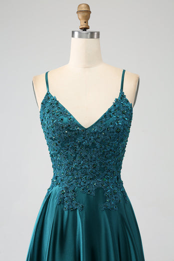 Dark Green Satin A-Line Appliques Prom Dress with Slit