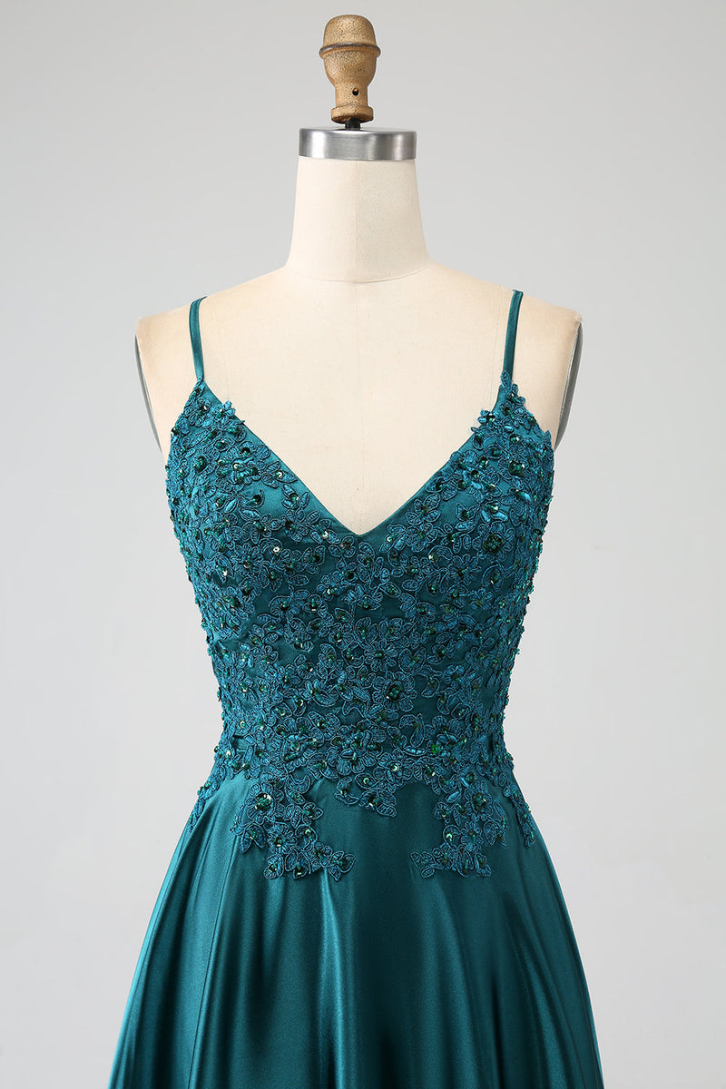 Load image into Gallery viewer, Dark Green Satin A-Line Appliques Prom Dress with Slit