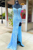 Load image into Gallery viewer, Glitter Sky Blue Mermaid Floral Feathered Cold Shoulder Long Prom Dress with Slit