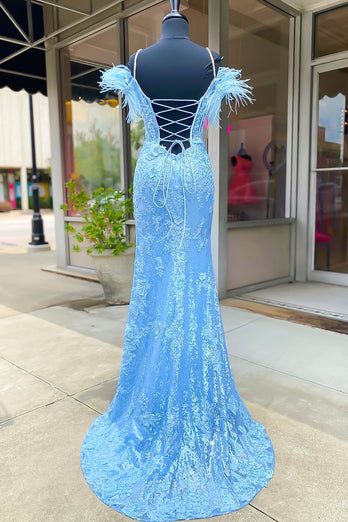 Glitter Sky Blue Mermaid Floral Feathered Cold Shoulder Long Prom Dress with Slit