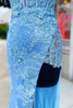 Load image into Gallery viewer, Glitter Sky Blue Mermaid Floral Feathered Cold Shoulder Long Prom Dress with Slit