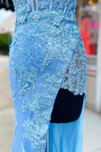 Glitter Sky Blue Mermaid Floral Feathered Cold Shoulder Long Prom Dress with Slit